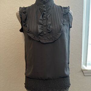 BuJubi Gray Ruffle Blouse S-High Neck Victorian Style-Sleeveless-Sheer Chiffon